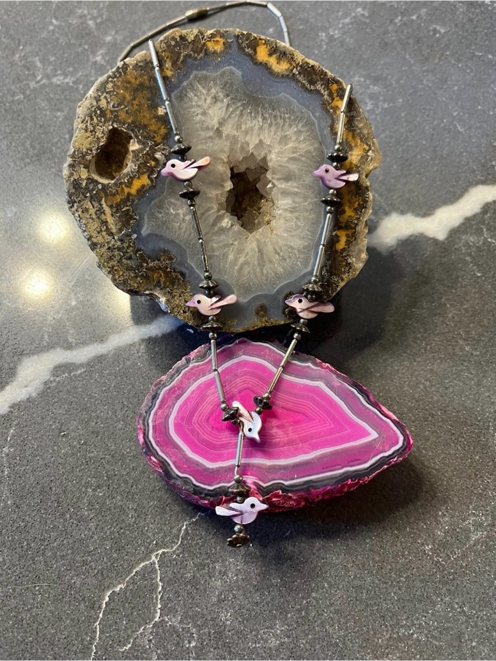 Purple bird mother of pearl necklace